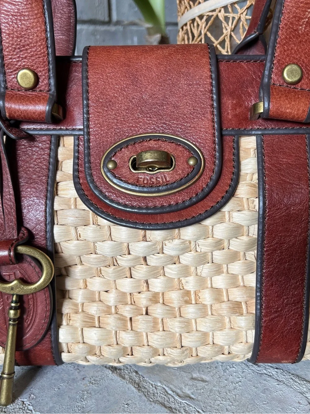 Fossil RARE Vintage Reissue Straw Basketweave Leather Satchel Bag